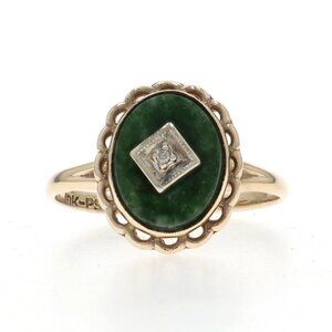 Yellow Gold Nephrite Jade Diamond Ring - 10k Oval Cabochon